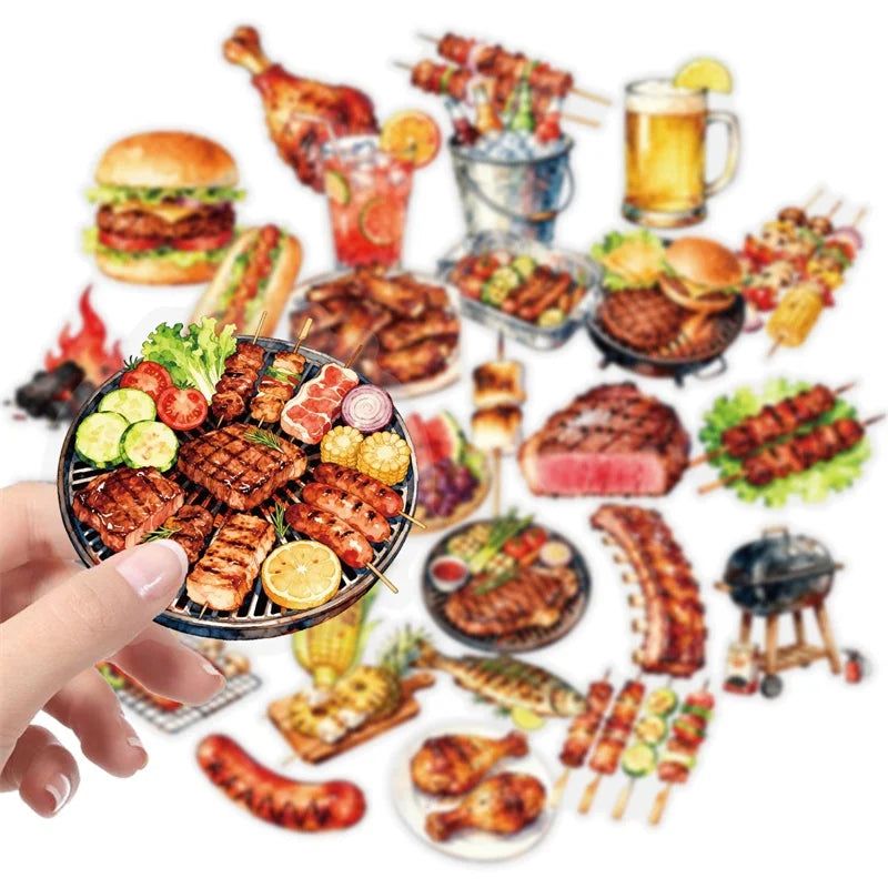 56PCS Colored Roast Food PET Sticky Sticker Aesthetic Tear Open DIY Decoration Scrapbooking Stationery Supplies for Kids