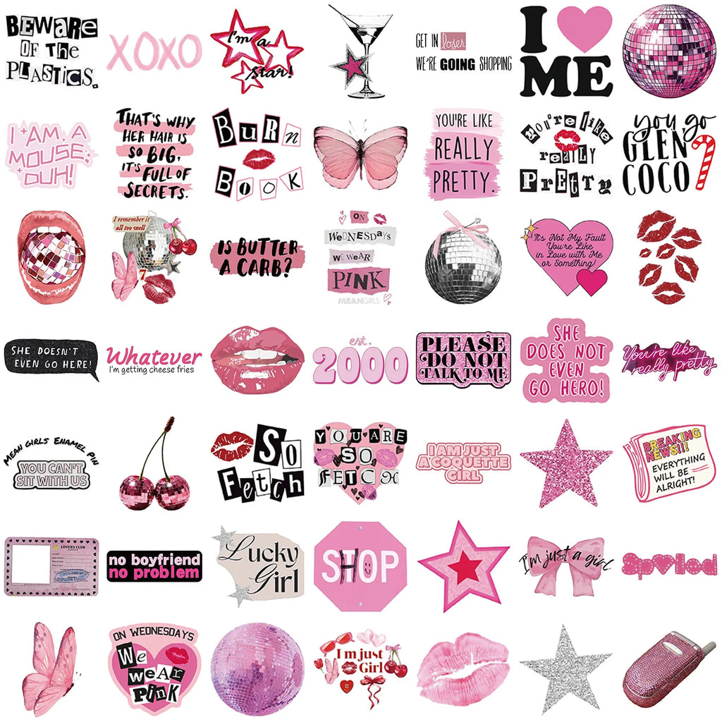 50PCS Cartoon Pink Y2K Graffiti Stickers Guitar Notebook Luggage DIY Waterproof Stationery Pen Holder Decorative Stickers