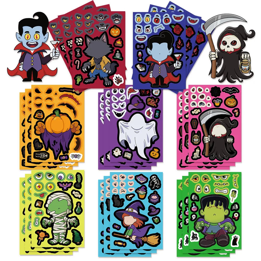8PCS Halloween Face Changing Fun Ghost Graffiti Sticker Toys DIY Manual Luggage Motorcycle Laptop Luggage Stickers