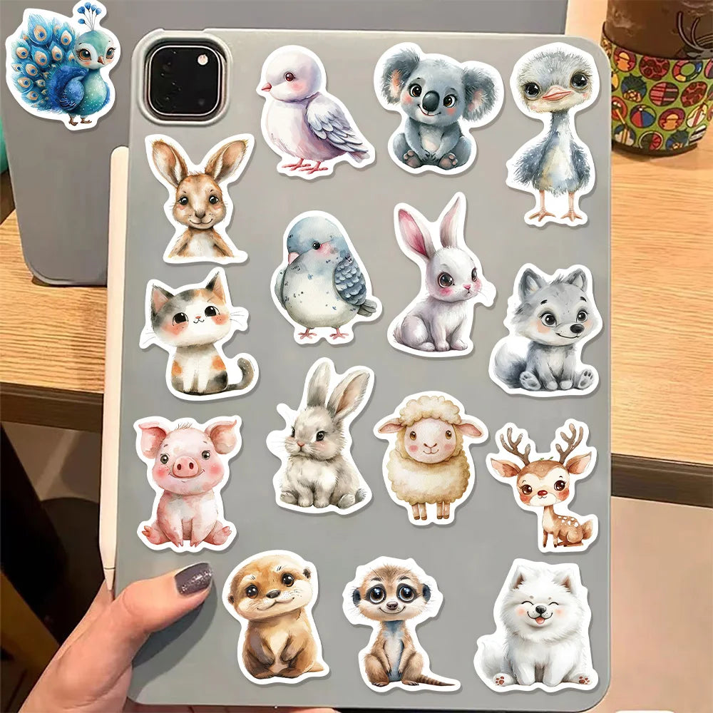 50PCS Cute Watercolor Diverse Animal Graffiti Stickers Cartoon DIY Skateboard Mobile Laptop Decoration Reward Stickers Toy