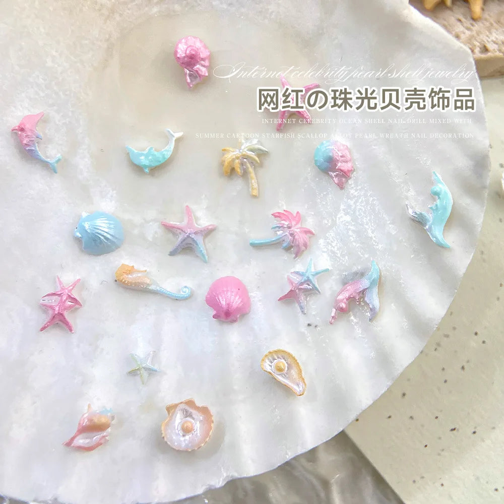30pcs Ocean Shell Pearl Nail Charms Accessories Pearlescent Shell Aurora Nail Art Rhinestones DIY 3D Cute Nail Decorations Parts