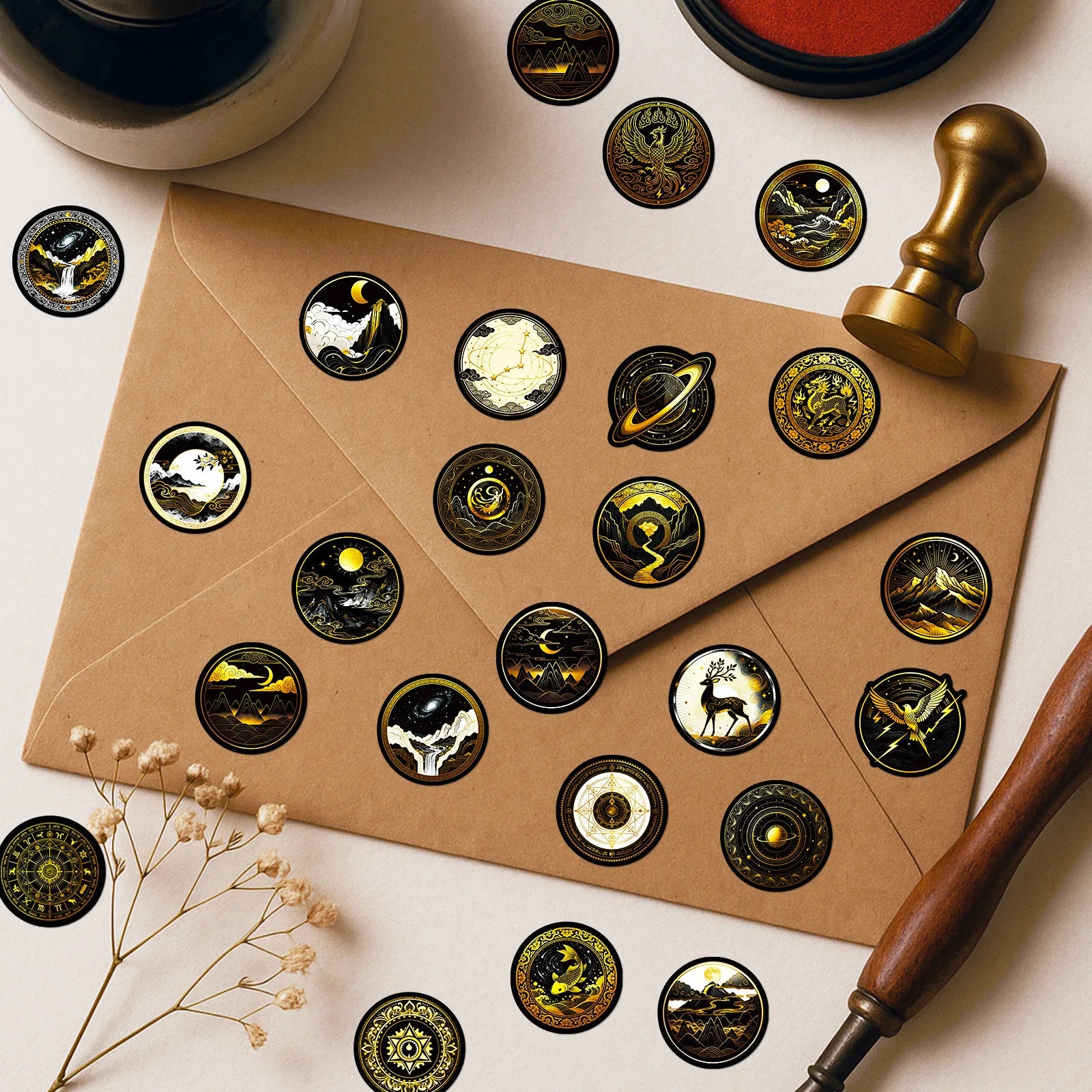 56/112Pcs Black Gold Space-themed PET Stickers - Unique Waterproof Decals for Notebook, Pencil Box, Bike, Suitcase, Laptop