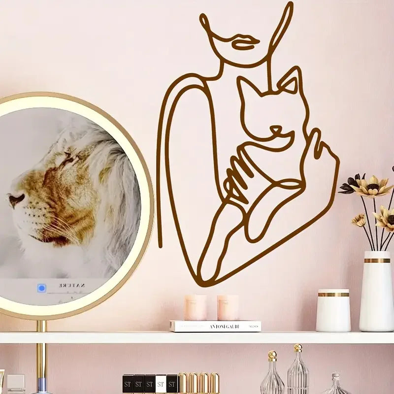 1pc Elegant Woman and Cat Wall Sticker - Contemporary Self-Adhesive Vinyl Decal, Reusable Glossy Finish for Living Room, Bedroom