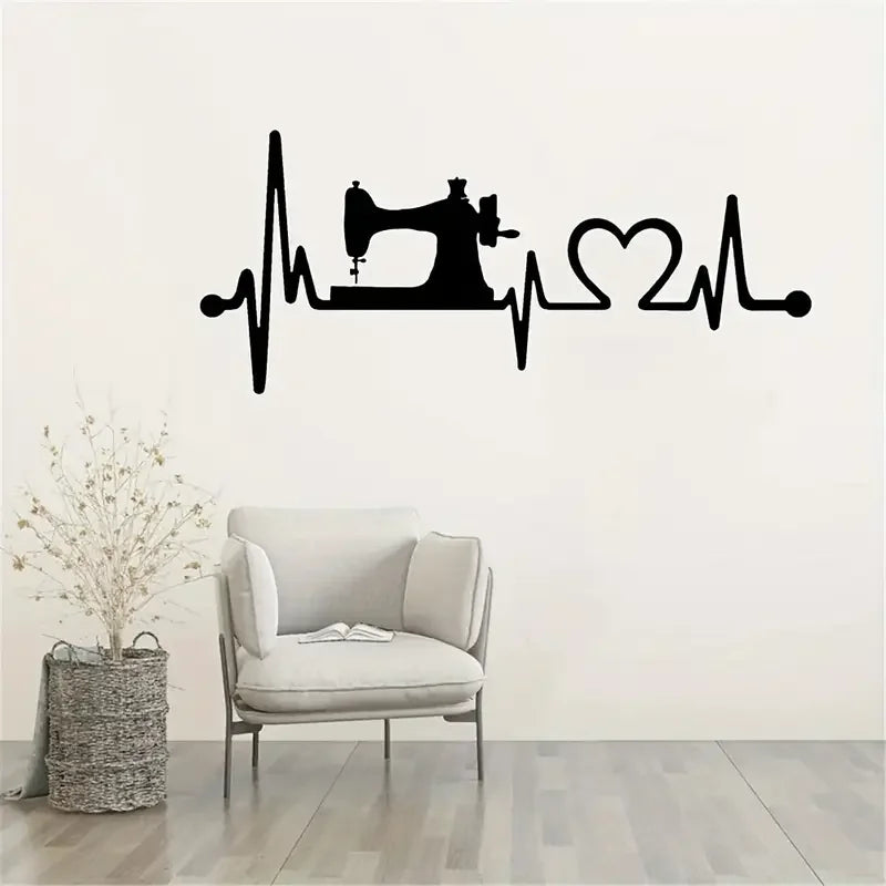 Sewing Machine Heartbeat Wall Decal - Removable Vinyl Mural for Sewing Room, Contemporary Geometric Design, Matte Finish