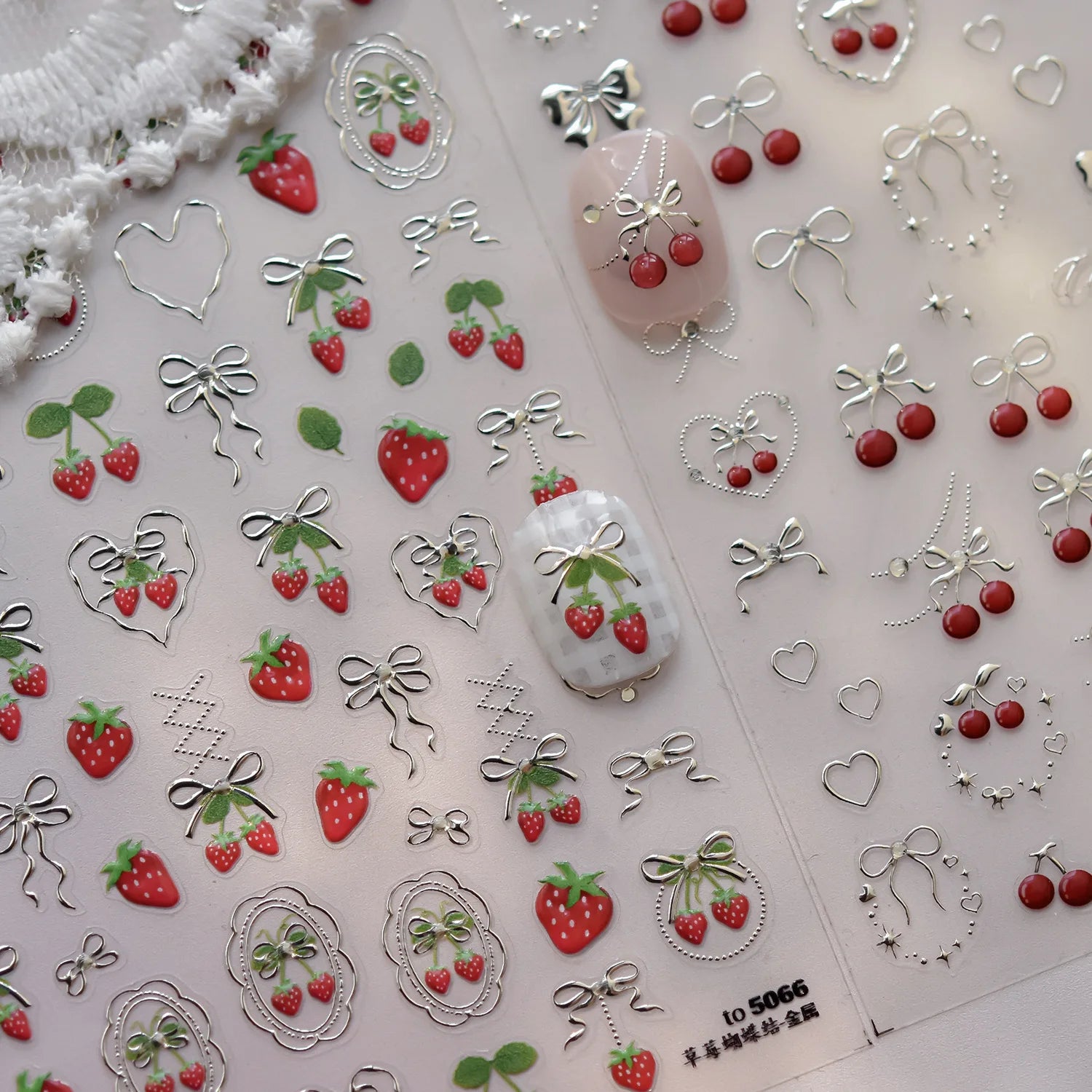 Sweet Strawberry Bow Nail Art Stickers 5D Gold Silver Strawberry Cherry Metal Nail Stickers DIY Japanese Nails Decoration Decals