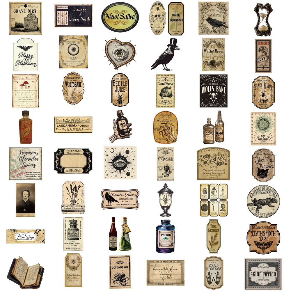50PCS Gothic Pharmacist Medication Label Stickers Skateboard Designs Phone Luggage Waterproof Scrapbooking Laptop Wall Sticker
