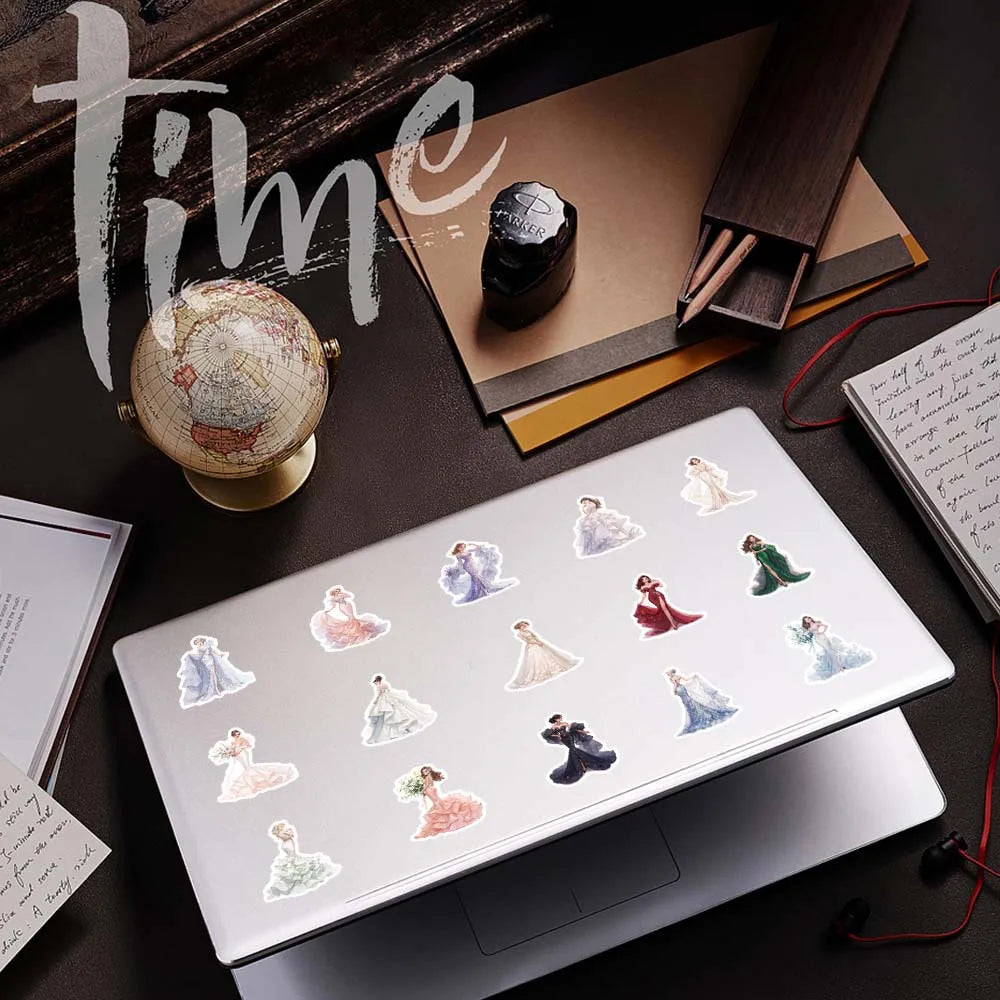 50/100 Pcs Cute Bride in Wedding Dress Stickers for Cup Wardrobe Fridge Stationery Box Guitar Piano Lunch Box Reward Decals