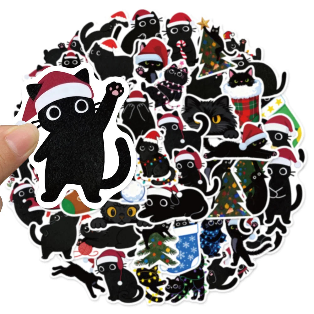 50PCS Cartoon Christmas Black Cat Reward Sticker Pack DIY Brochure Decorative Tablet Laptop Toy Stickers