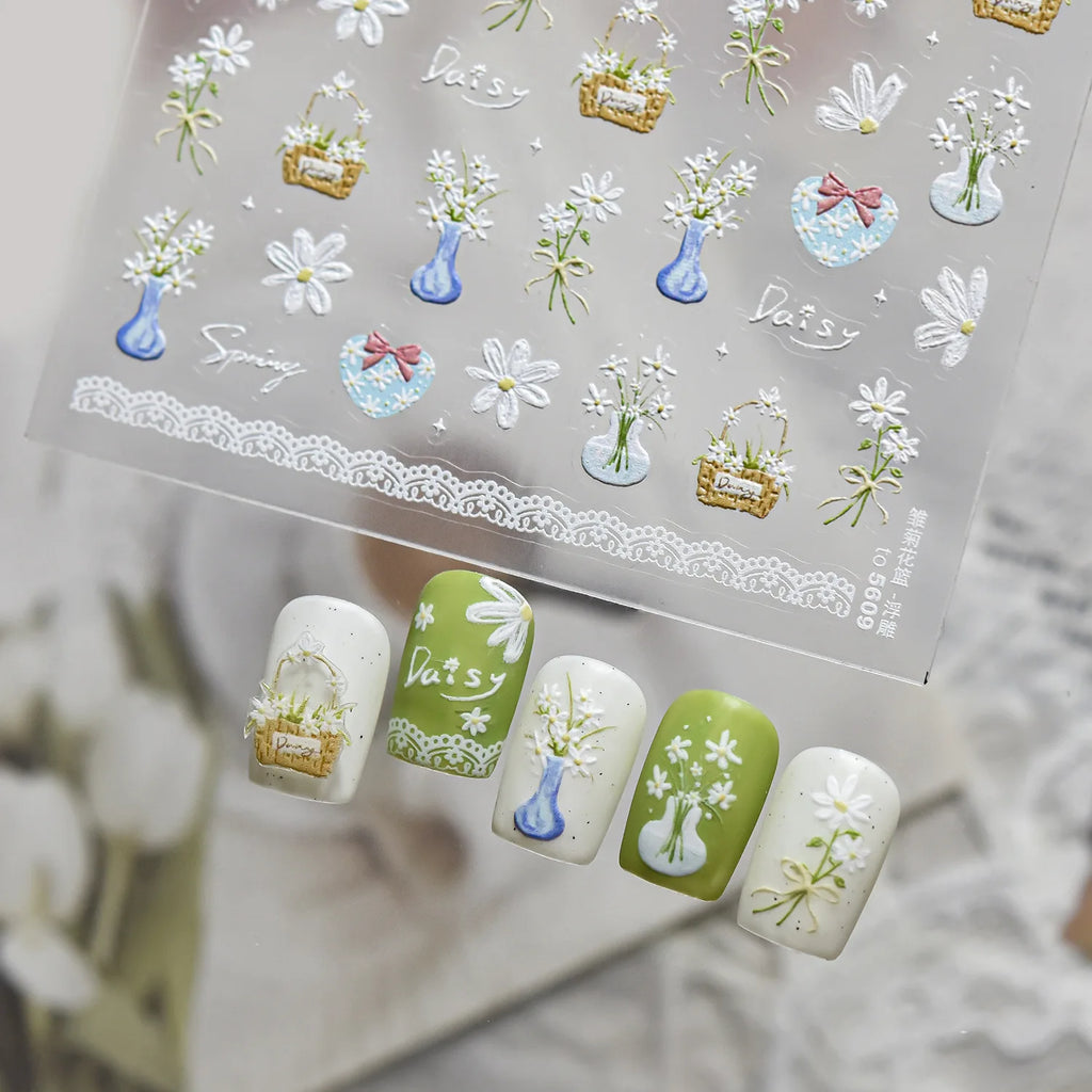 Spring Flowers Nail Charms Stickers 5D Semi-transparent Rose Daisy Flowers Self Adhesive Manicure Decorations Sticker Decals DIY