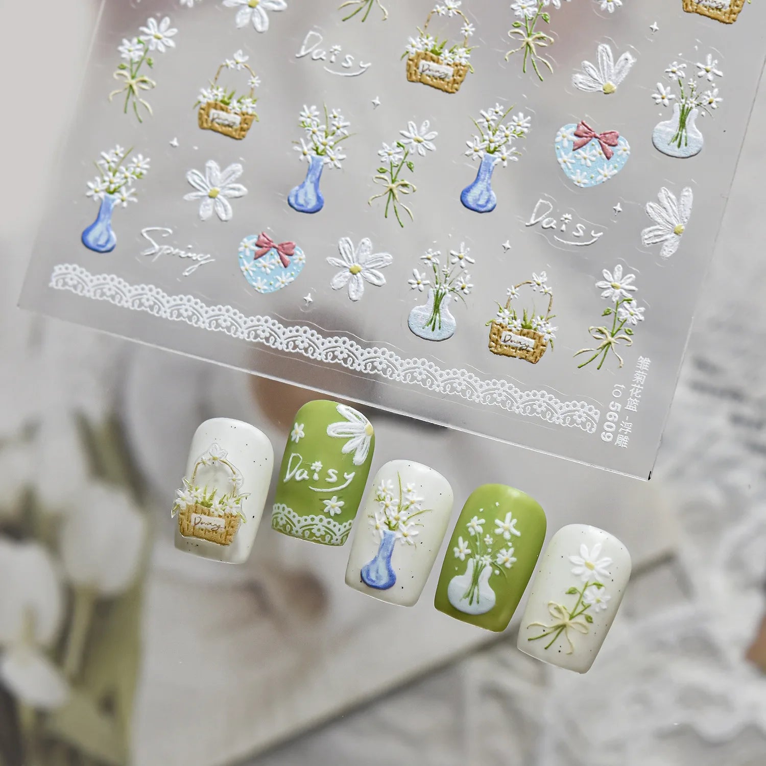 Spring Flowers Nail Charms Stickers 5D Semi-transparent Rose Daisy Flowers Self Adhesive Manicure Decorations Sticker Decals DIY