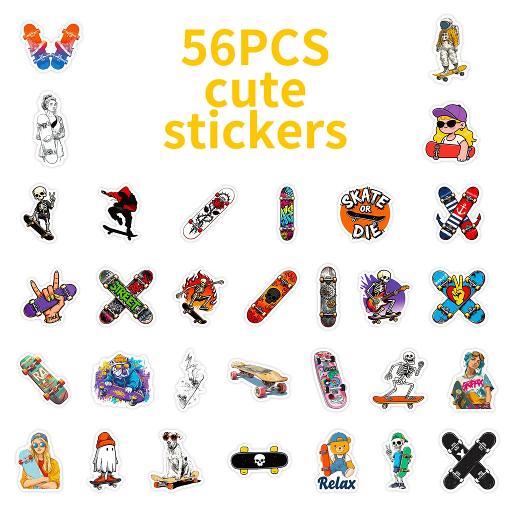 56PCS Street Style Skateboard Creative Stickers, Skate Enthusiast Student Notebook DIY Fun Waterproof Decorative Sticker