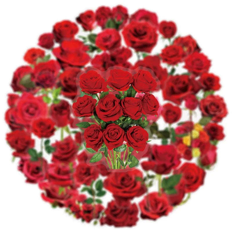 50PCS Kawaii Red Rose Flower PET Sticky Sticker Aesthetic Tear Open DIY Decoration Scrapbooking Stationery Supplies for Kids