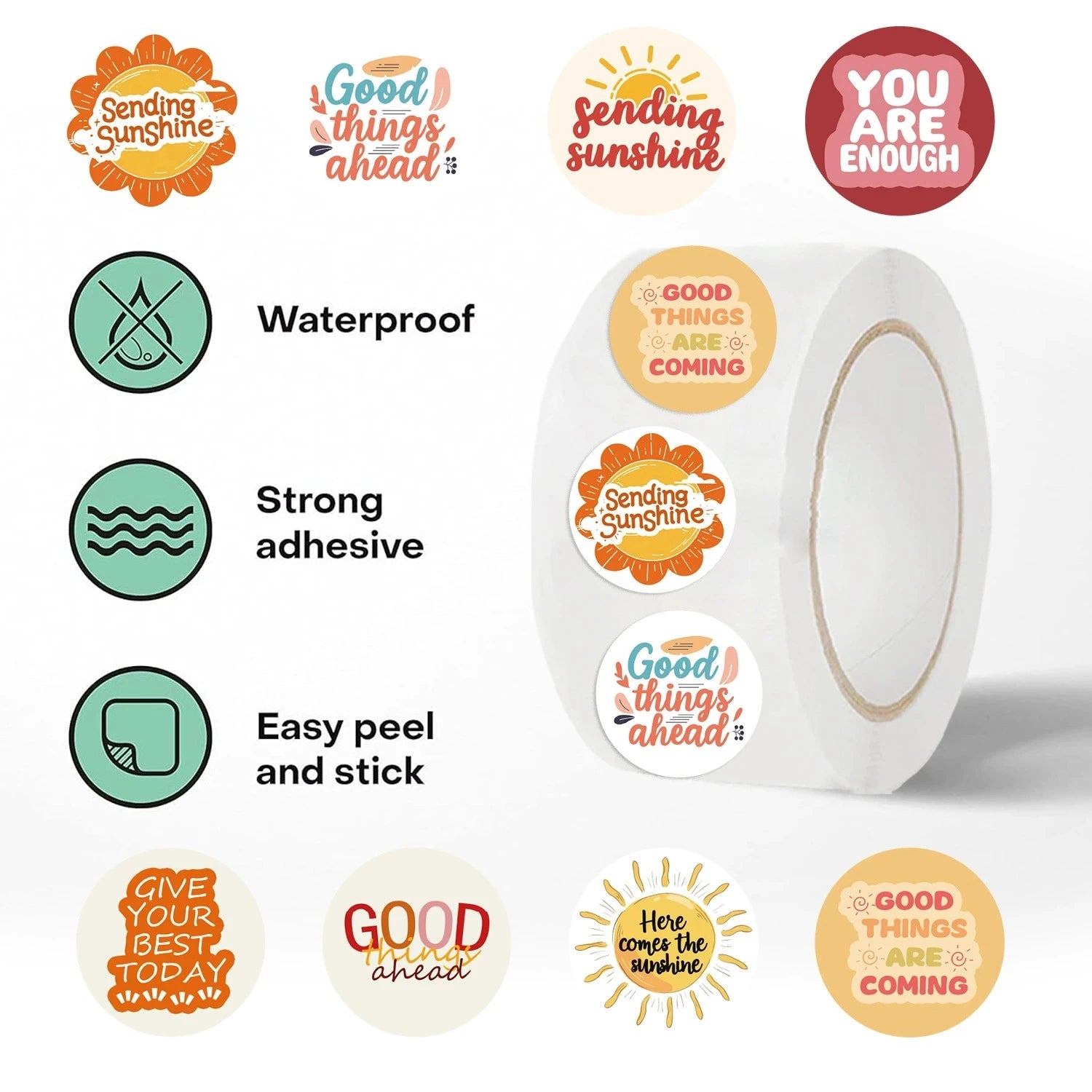500PCS Roll Stickers Sunshine Phrase Stickers Decorative Envelope Reward Stickers