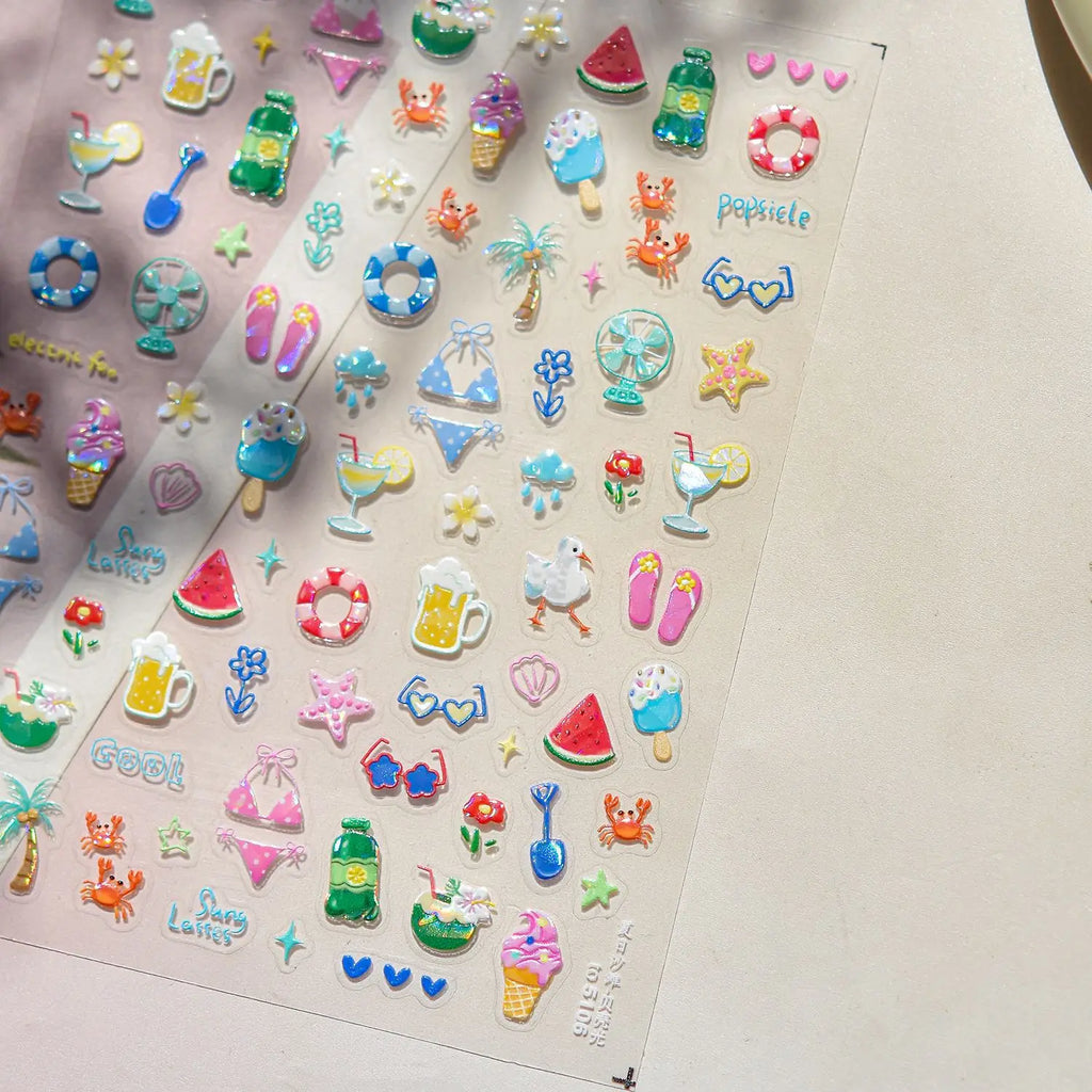 1pcs Cute 5D Jelly Nail Stickers Dessert Fruit Cherry Pink Claw Print Bowknot Love Nail Art Sticker Adhesive Manicure Decals DIY