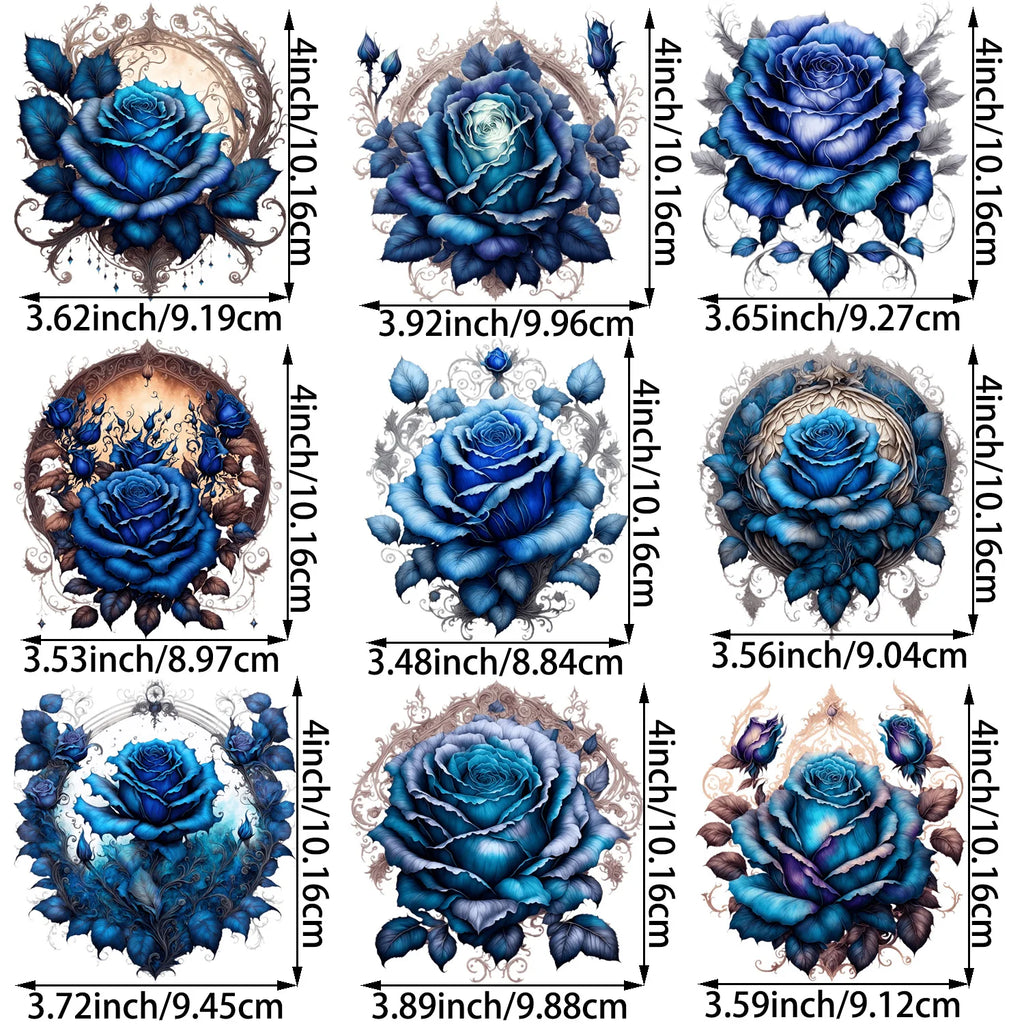 9 Sheets 4 Inch Blue Rose DIY Theme Iron-On Applique Patches Floral Theme Heat Transfer DIY Clothing, T-shirts, Masks, Jeans