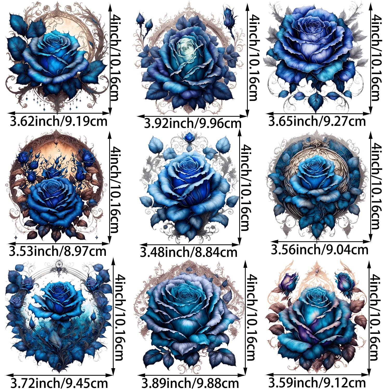 9 Sheets 4 Inch Blue Rose DIY Theme Iron-On Applique Patches Floral Theme Heat Transfer DIY Clothing, T-shirts, Masks, Jeans