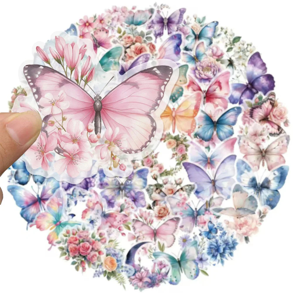 50PCS Butterfly Stickers Packaging Transparent PET Brochure Flower Material Decoration Tablet Laptop Waterproof Stickers