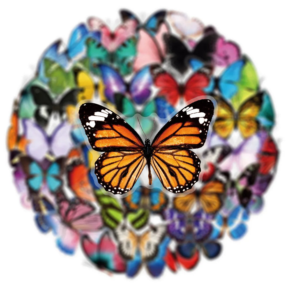 50PCS Cartoon Colorful Butterfly Stickers Pack Waterproof Transparent PET Decorative Guitar Notebook Stickers