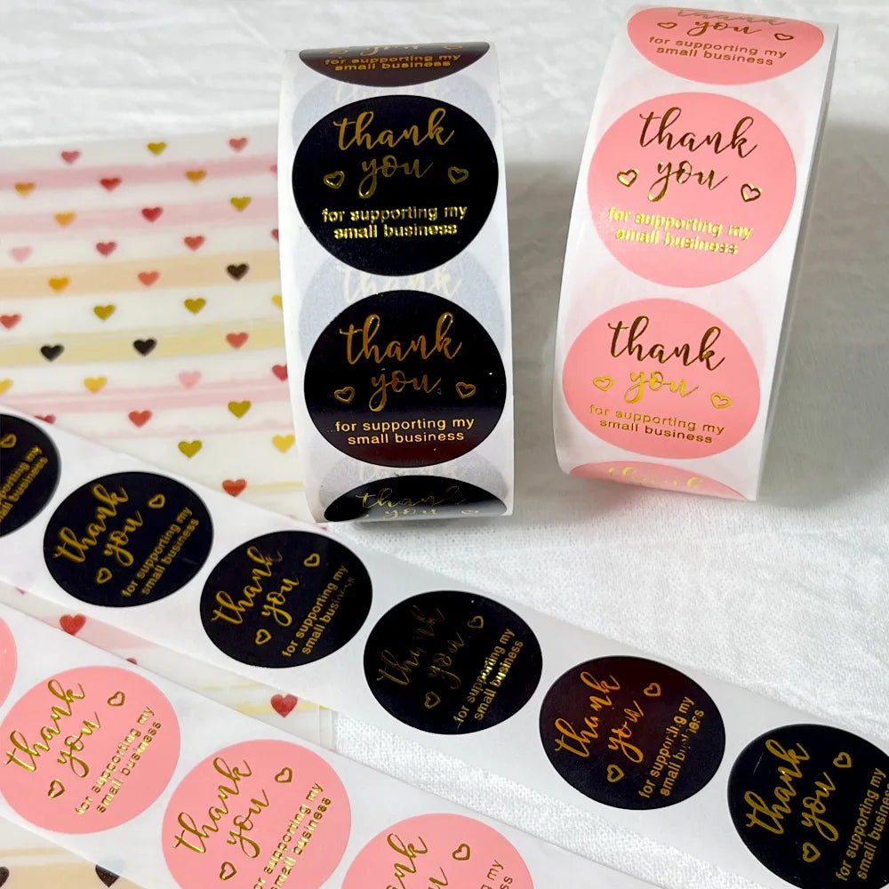 500Pcs/Roll Gilding Thank You for Supporting My Small Business Stickers Pink/Black 2.5cm/1.0inch Perfect for Aftercare