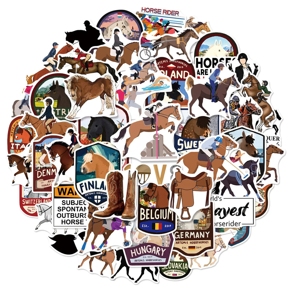 50/100PCS Cartoon Equestrian Racing Graffiti Stickers DIY Stationery Decoration Notebook Reward Stickers