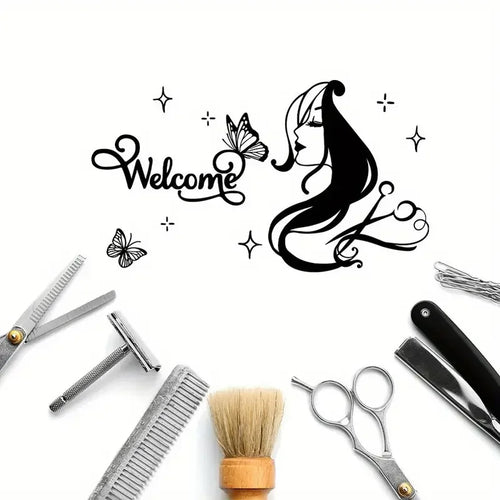 1pc Hairdressers Salon Wall Decal Beauty Salon Wall Sticker Welcome Creative Vinyl Art Mural for Scissors Barber Shop Decor