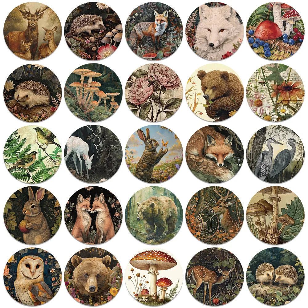 50pcs Retro Cartoon Aesthetic Forest Plants Animals Stickers Graffiti For Laptop Water Bottle Luggage Notebook Decals