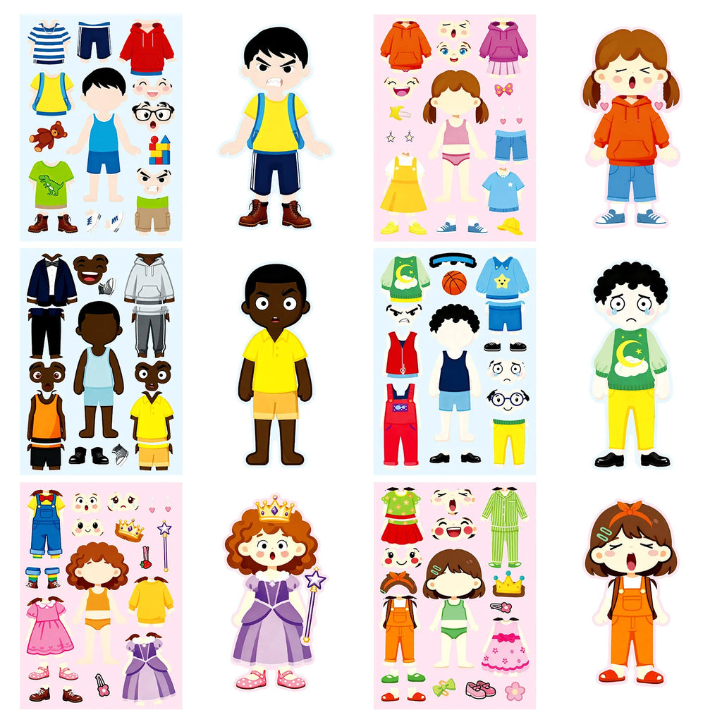 6/12PCS DIY Dress up Puzzle Stickers for Cartoon Characters with Different Skin Colors Clothing Expression Funny Sticker