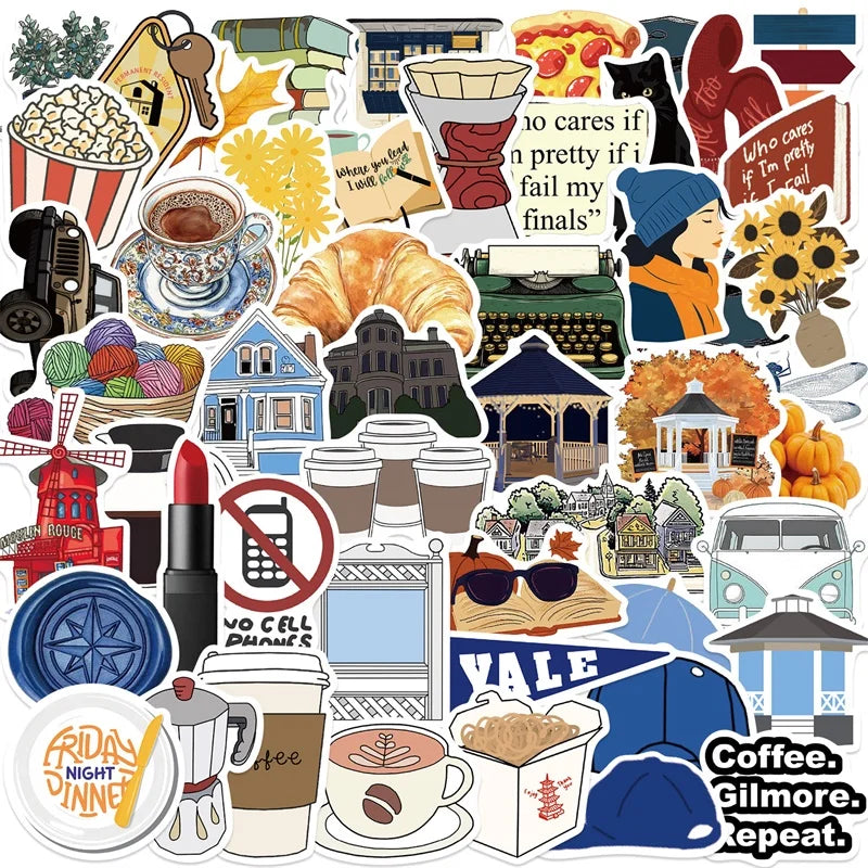 10/30/50PCS Kawaii Gilmore Coffee PVC Sticky Sticker Aesthetic DIY Children's Decoration Scrapbooking School Supplies