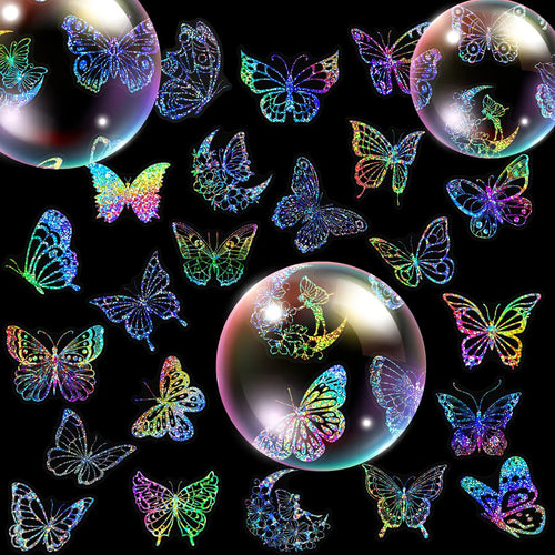 100 PCS/PACK Transparent Butterfly Laser Stickers Holographic Stickers PET Creative Retro Stickers for Laptop,Water bottles,Helm