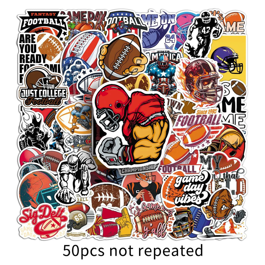 50Pcs US Football Sports Stickers, Waterproof Student Notebook Decals Phone Car Skateboard Fridge Luggage Decor Stickers