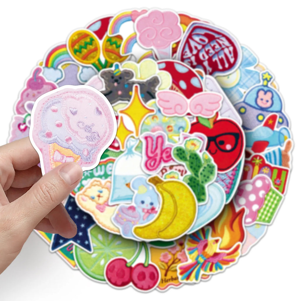 50Pcs Embroidery Cloth Art Cartoon Doodle Stickers Kawaii Kids Stationery Fun DIY Decals Phone Guitar Cup Notebook DIY Sticker
