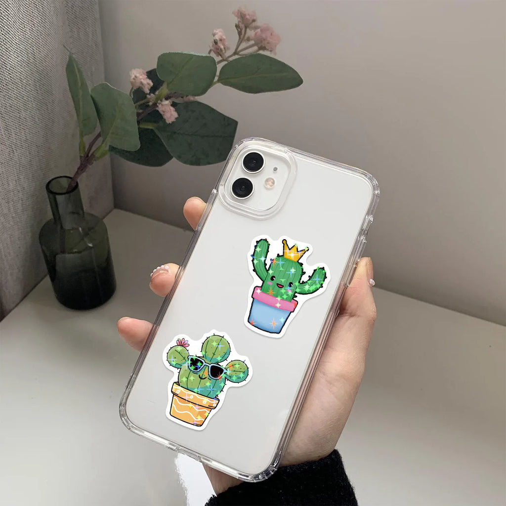 50PCS Holographic Cartoon Cactus Graffiti Stickers Decor Stationery Pen Holder Luggage Notebook DIY Waterproof Children Reward