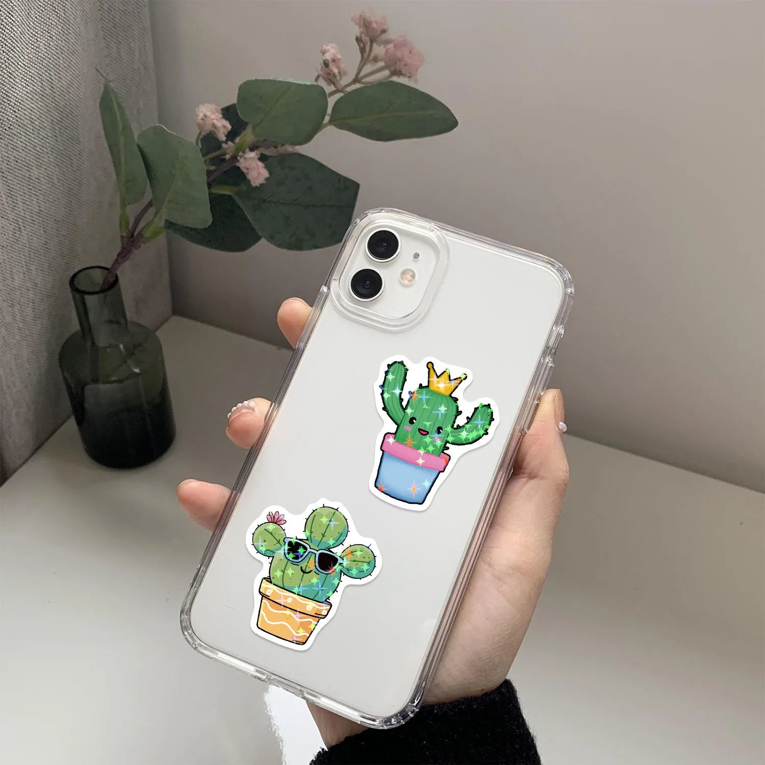 50PCS Holographic Cartoon Cactus Graffiti Stickers Decor Stationery Pen Holder Luggage Notebook DIY Waterproof Children Reward