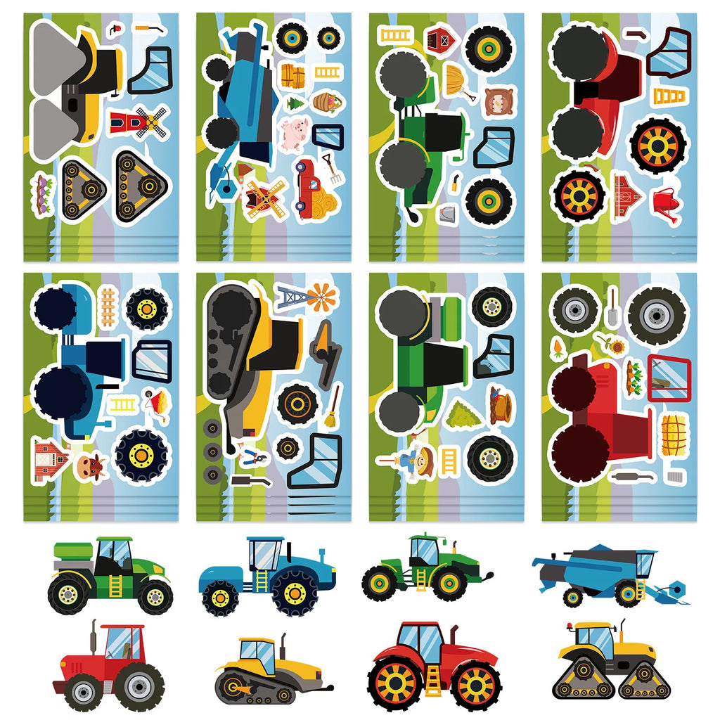8/16/24PCS Toy Puzzle Stickers Cartoon Engineering Car Make a Face Stickers DIY Handicrafts Waterproof Stickers