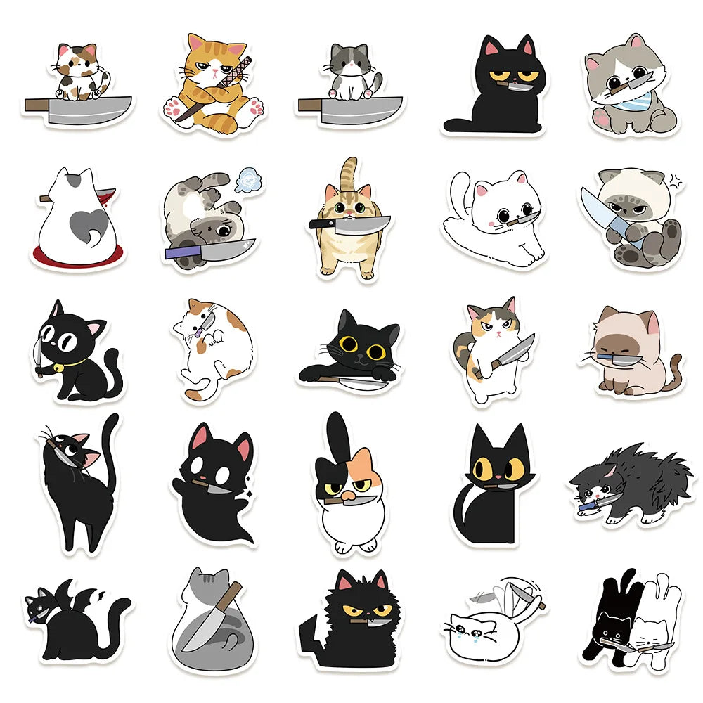 50/100PCS Cat with Knife Graffiti Stickers Cross border Cute Animals Cat DIY Phone Case Luggage Waterproof Stickers