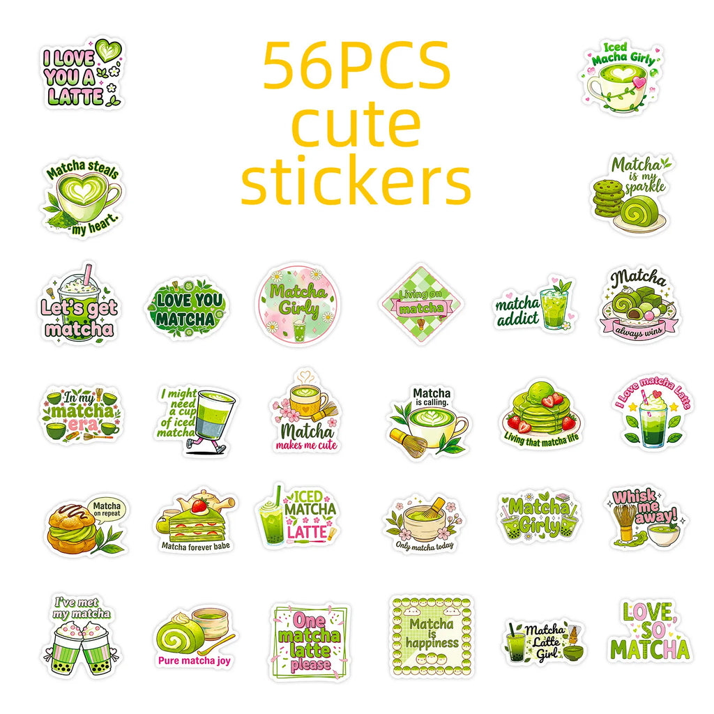 56PCS Matcha Style Cute Stickers Fun Phrase Decals Student Stationery DIY Phone Tablet Luggage Decor Aesthetic Decal Sticker