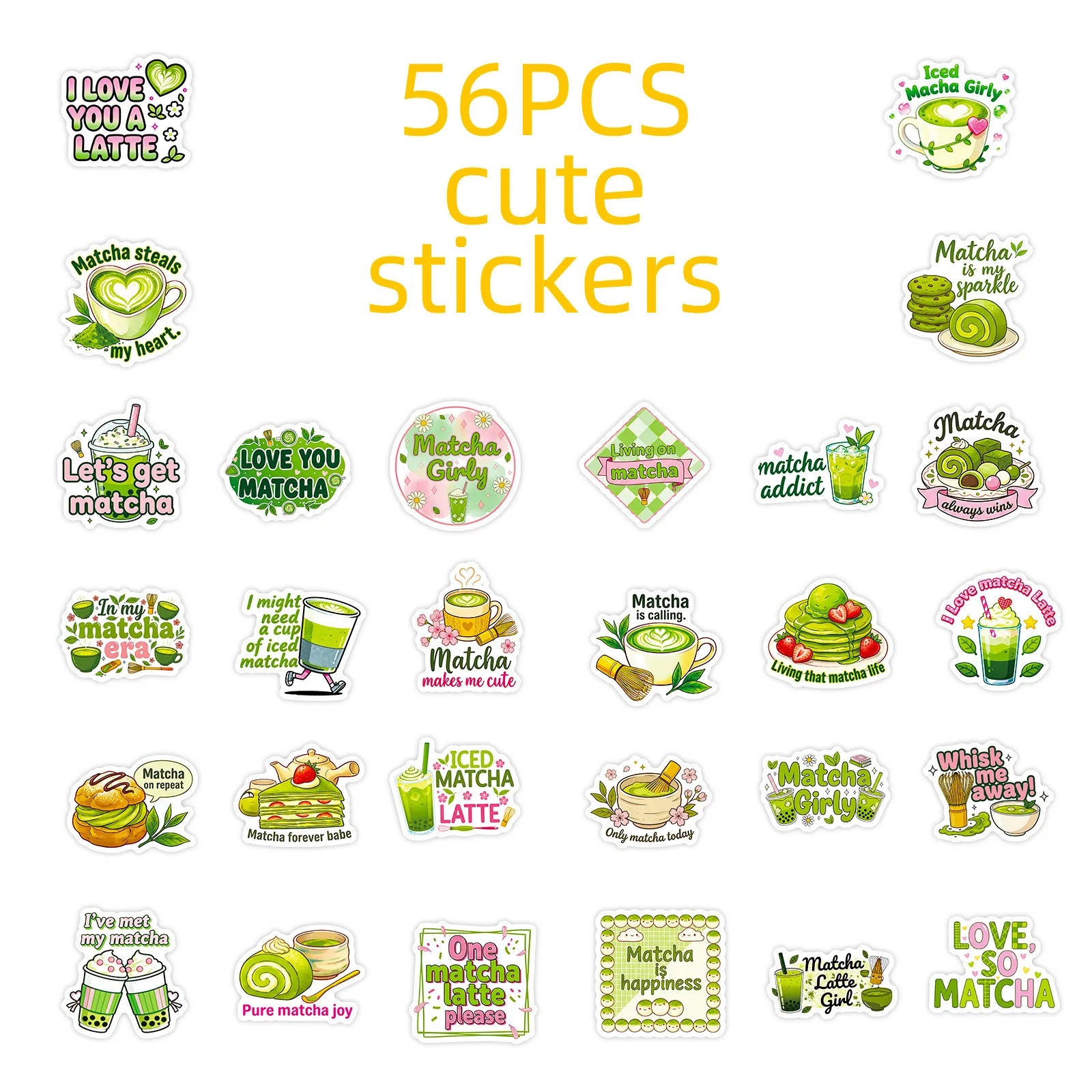56PCS Matcha Style Cute Stickers Fun Phrase Decals Student Stationery DIY Phone Tablet Luggage Decor Aesthetic Decal Sticker