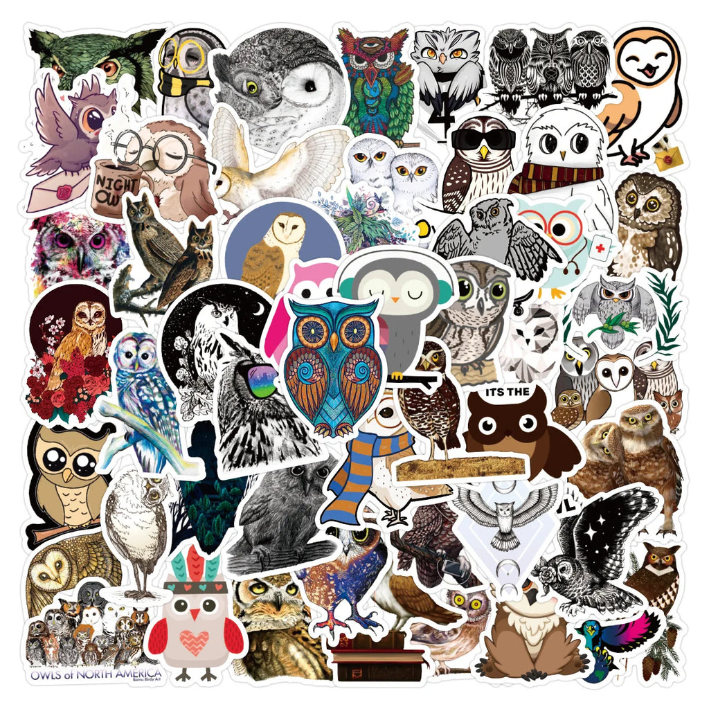50-Pack Animal Owl Graffiti Stickers Waterproof Cartoon Decals for Notebooks Skateboards Luggage Fun Stationery Supplies Sticker