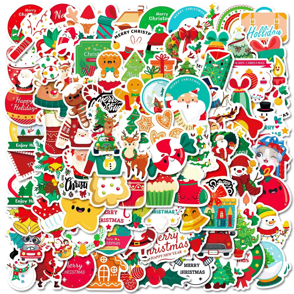 100PCS Red Christmas Theme Waterproof Stickers Decorative Windows Gifts Water Cups Stationery Stickers