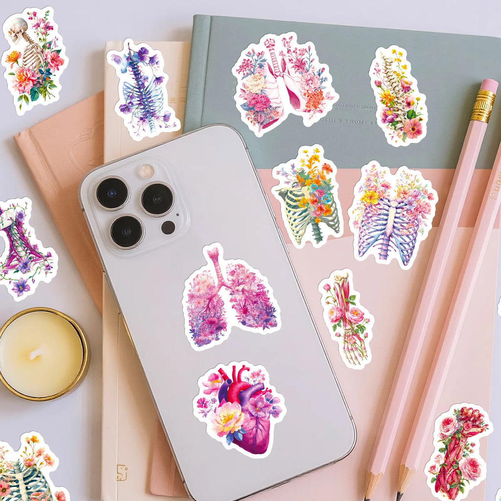 56PCS Human Organ Floral Stickers Medical Student Notebook Stationery Suitcase Skateboard Helmet DIY Decorative Sticker