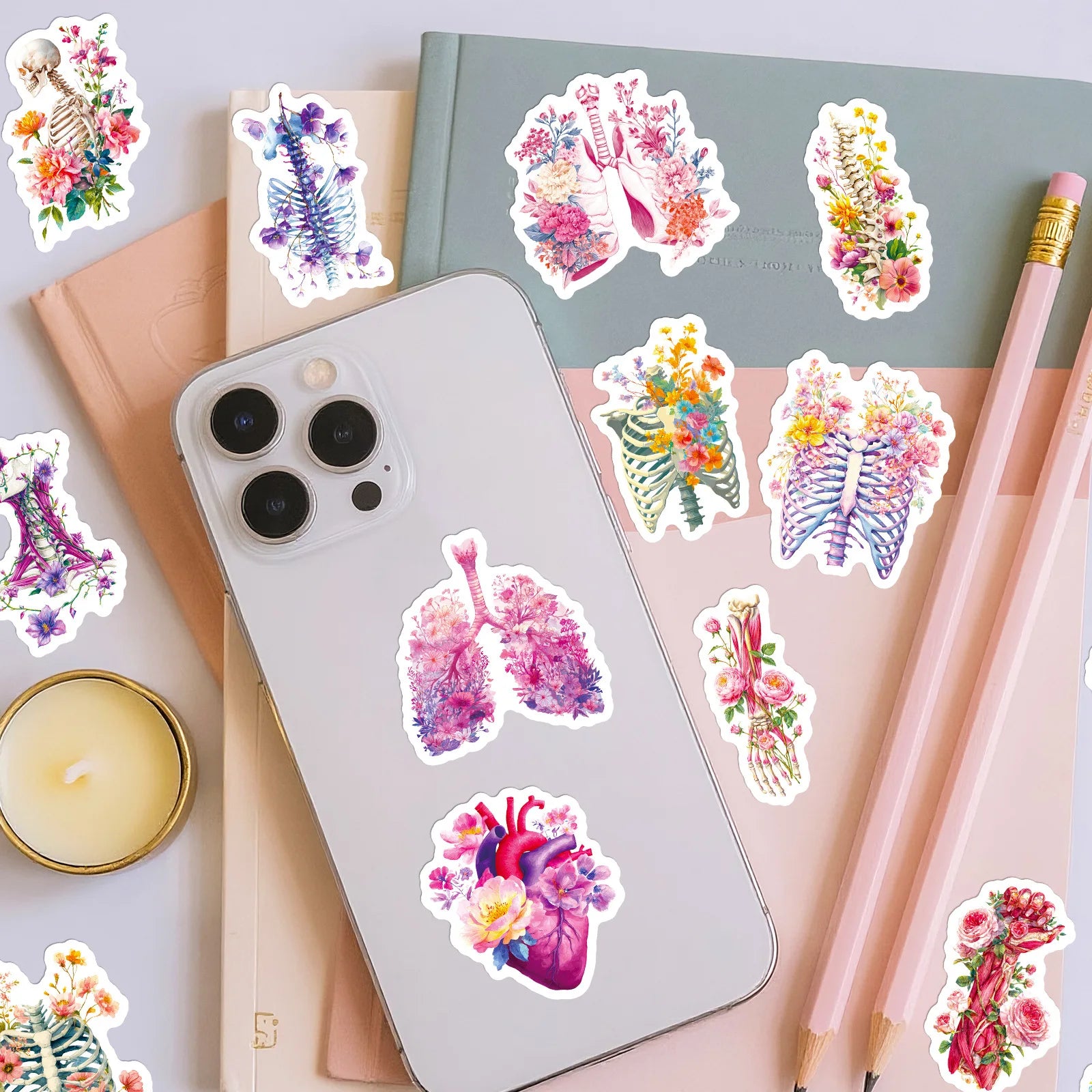 56PCS Human Organ Floral Stickers Medical Student Notebook Stationery Suitcase Skateboard Helmet DIY Decorative Sticker