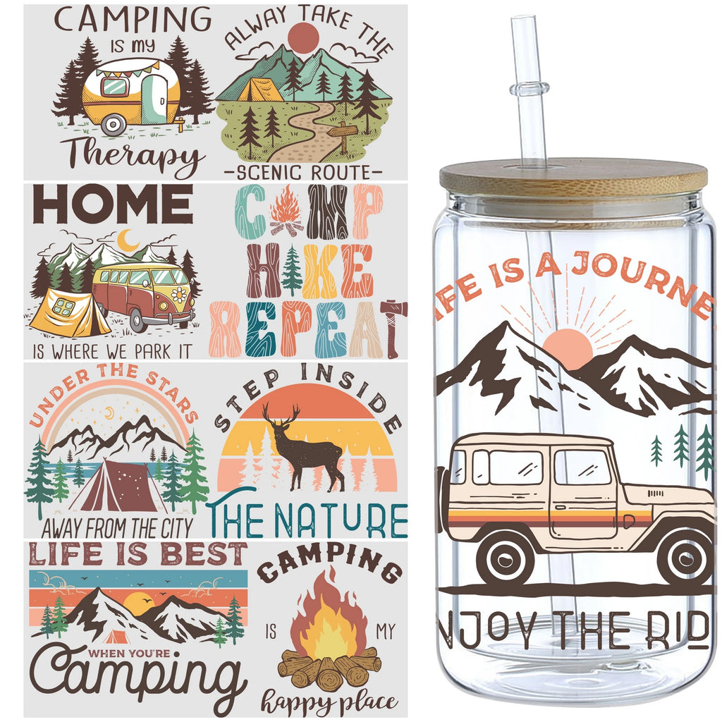 5 sheets Camping UV DTF Cup Stickers, Glass Cup Sports DTF Transfer Stickers, Waterproof Wipeable Transfer Paper