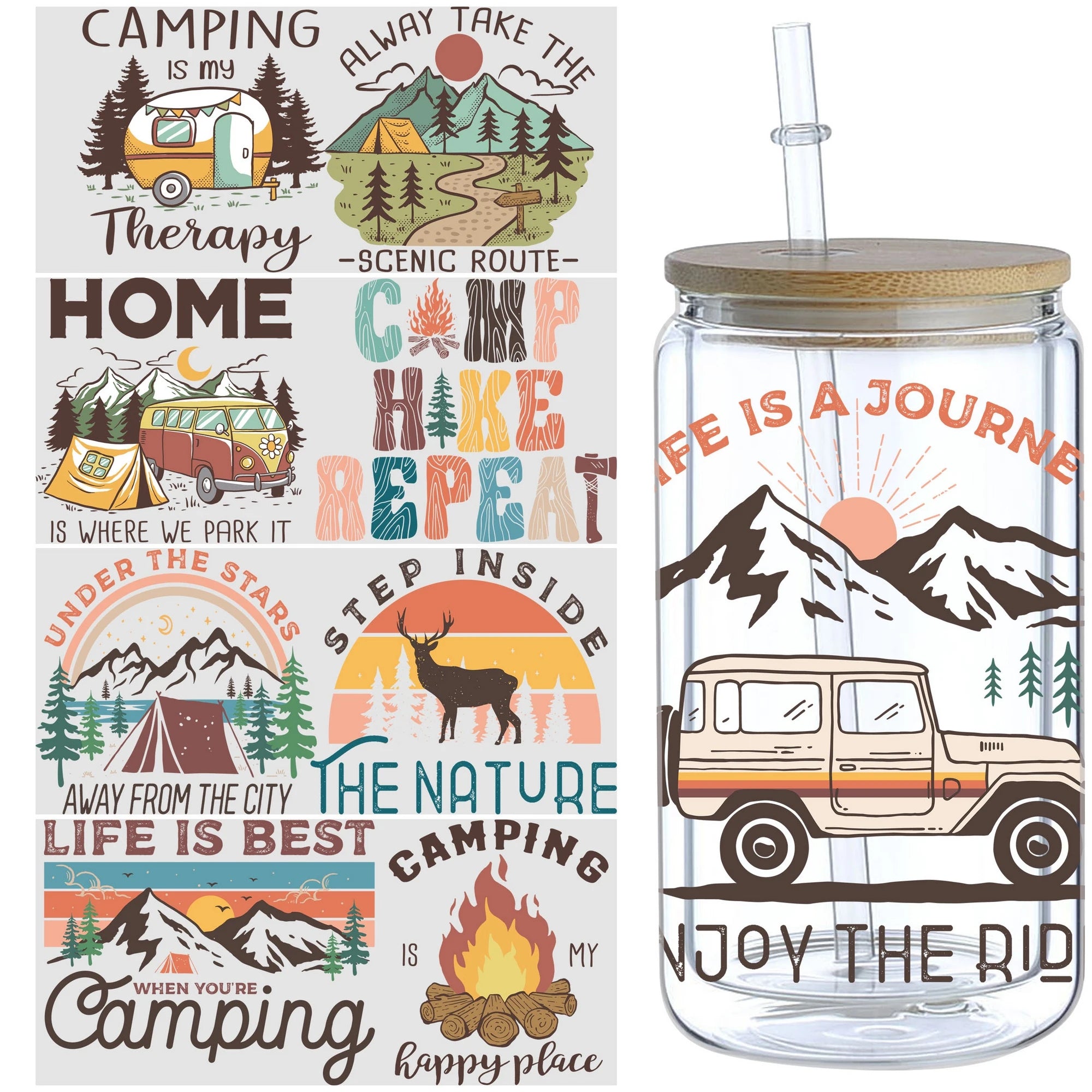 5 sheets Camping UV DTF Cup Stickers, Glass Cup Sports DTF Transfer Stickers, Waterproof Wipeable Transfer Paper