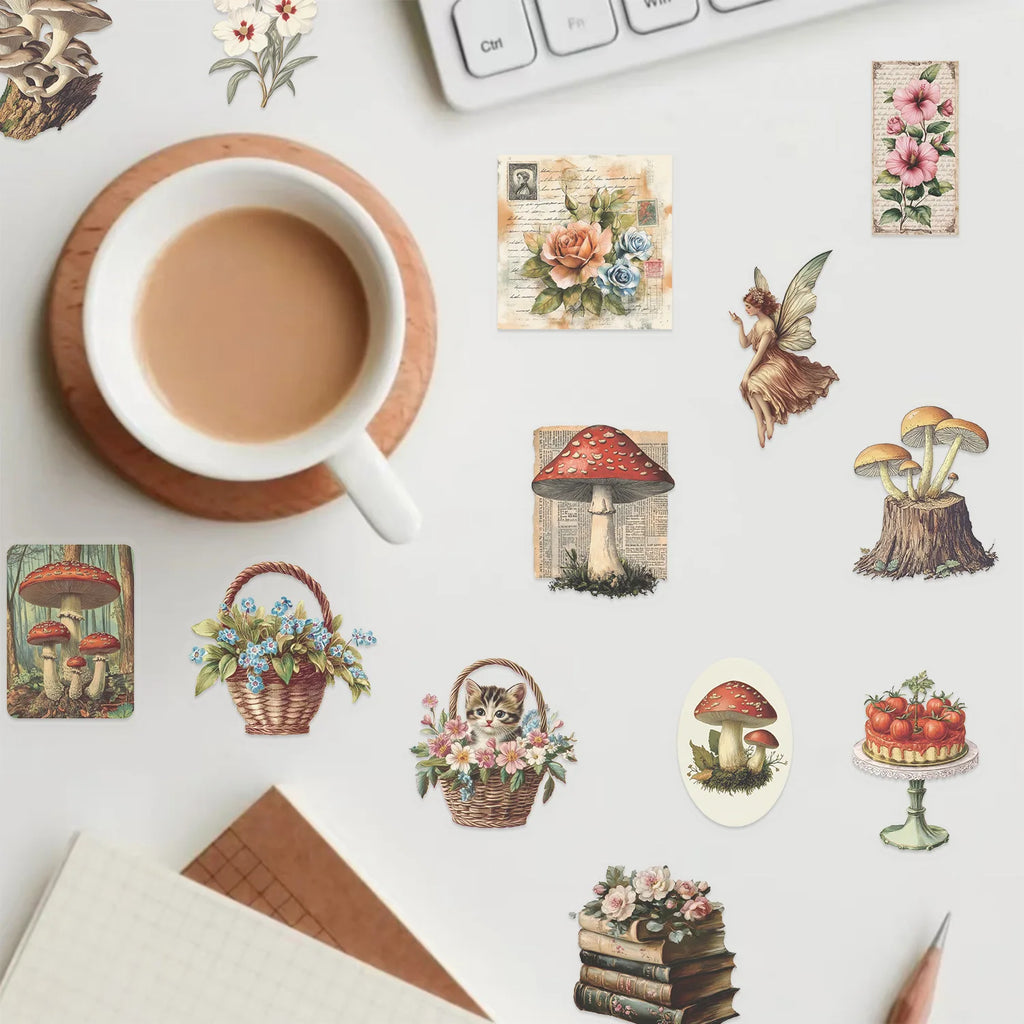 50PCS Transparent Ins Retro Mushroom Sticker Pack Waterproof Transparent PET Decorative Guitar Notebook Stationary