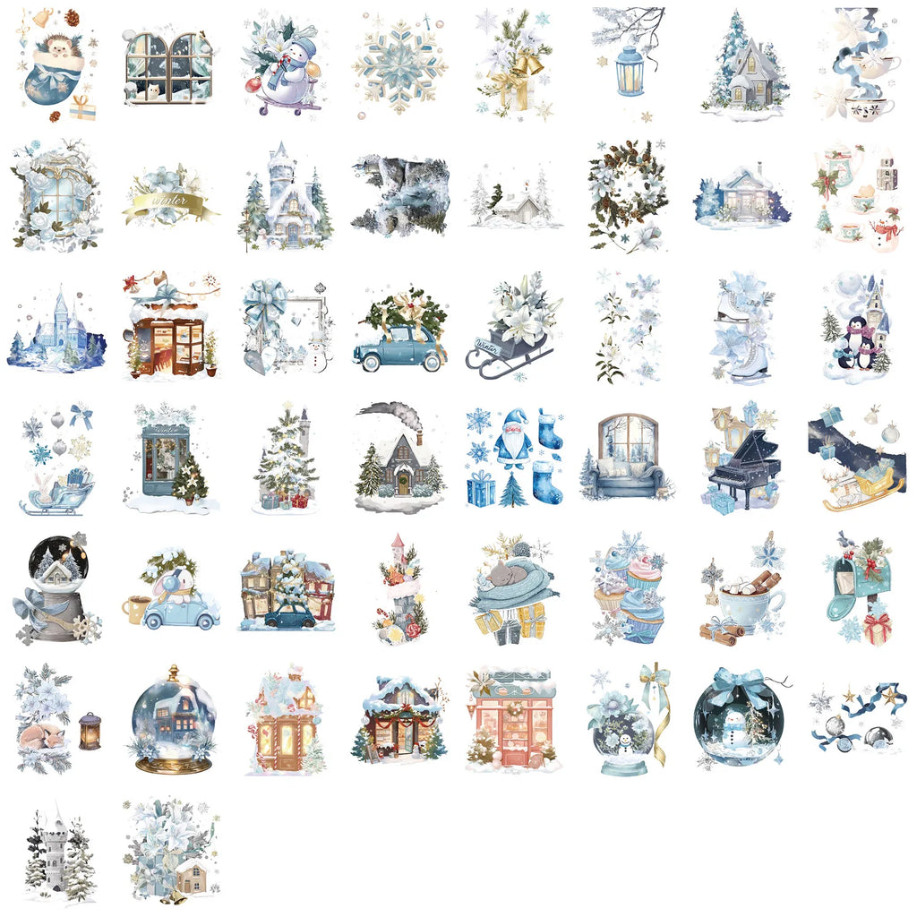 50/100 PCS Cartoon Winter Watercolor Stationery Reward Sticker Pack Waterproof Transparent PET Decorative Guitar Notebook