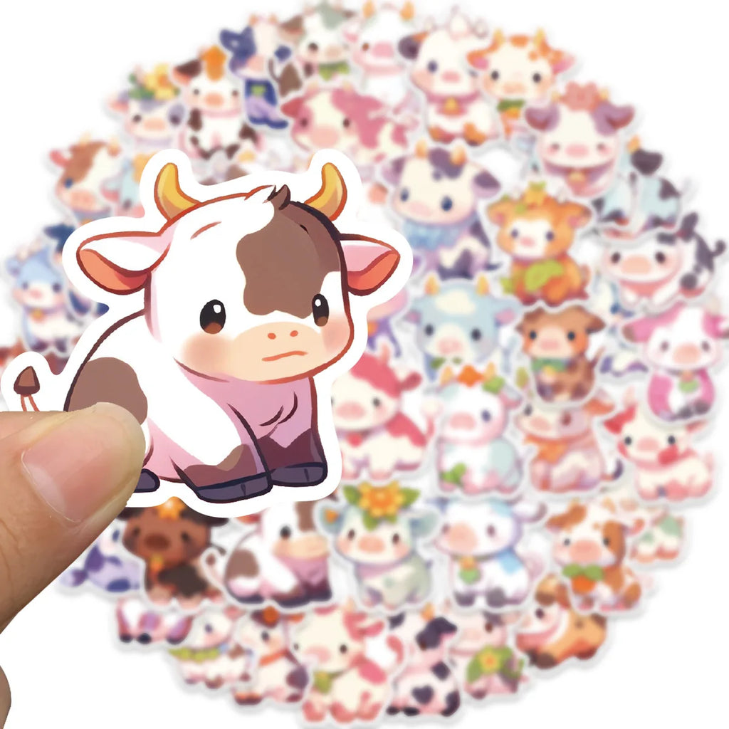 50pcs Rainbow Cow Cartoon Decals Graffiti Vinyl Waterproof Stickers for Adults Teen Decorated Suitcase Water Bottle DIY Phone