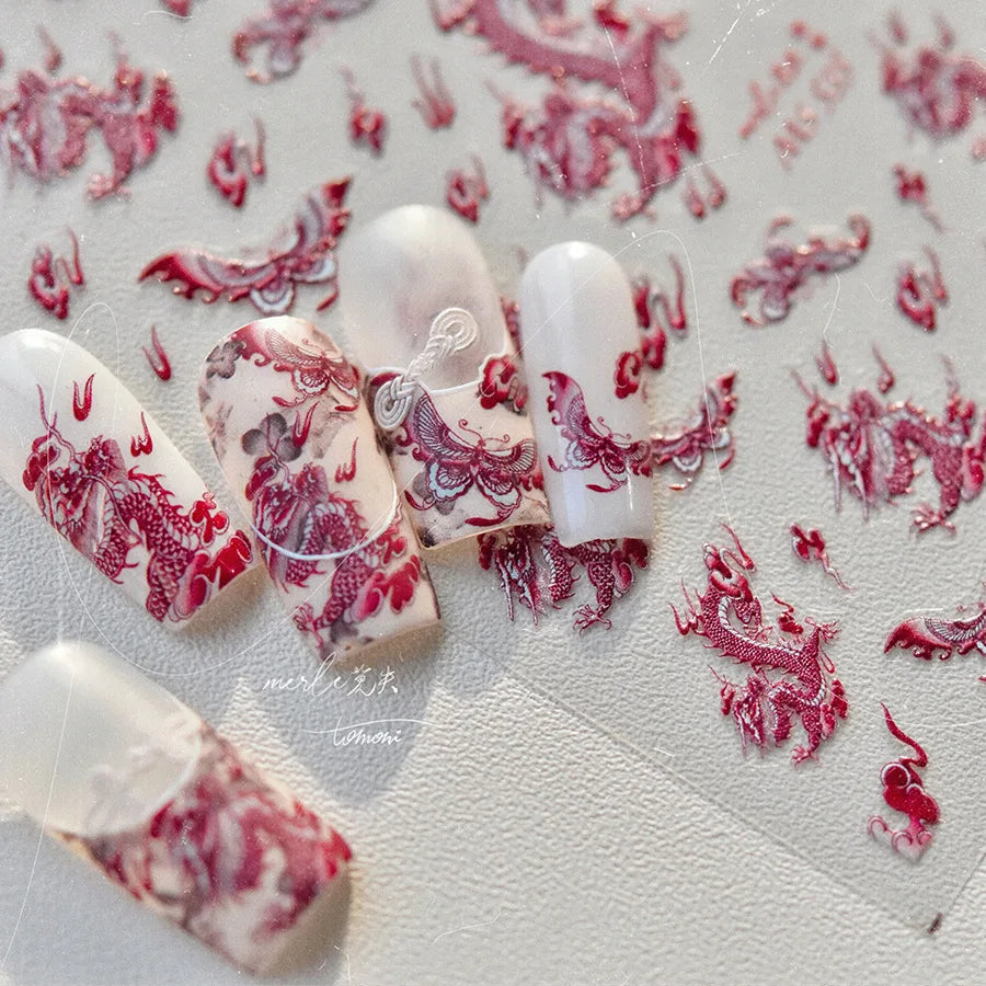 Retro Embroidered Dragon Red Porcelain Chinese 3D Embossed Relief Self Adhesive Nail Art Stickers Manicure Decorations Decal DIY