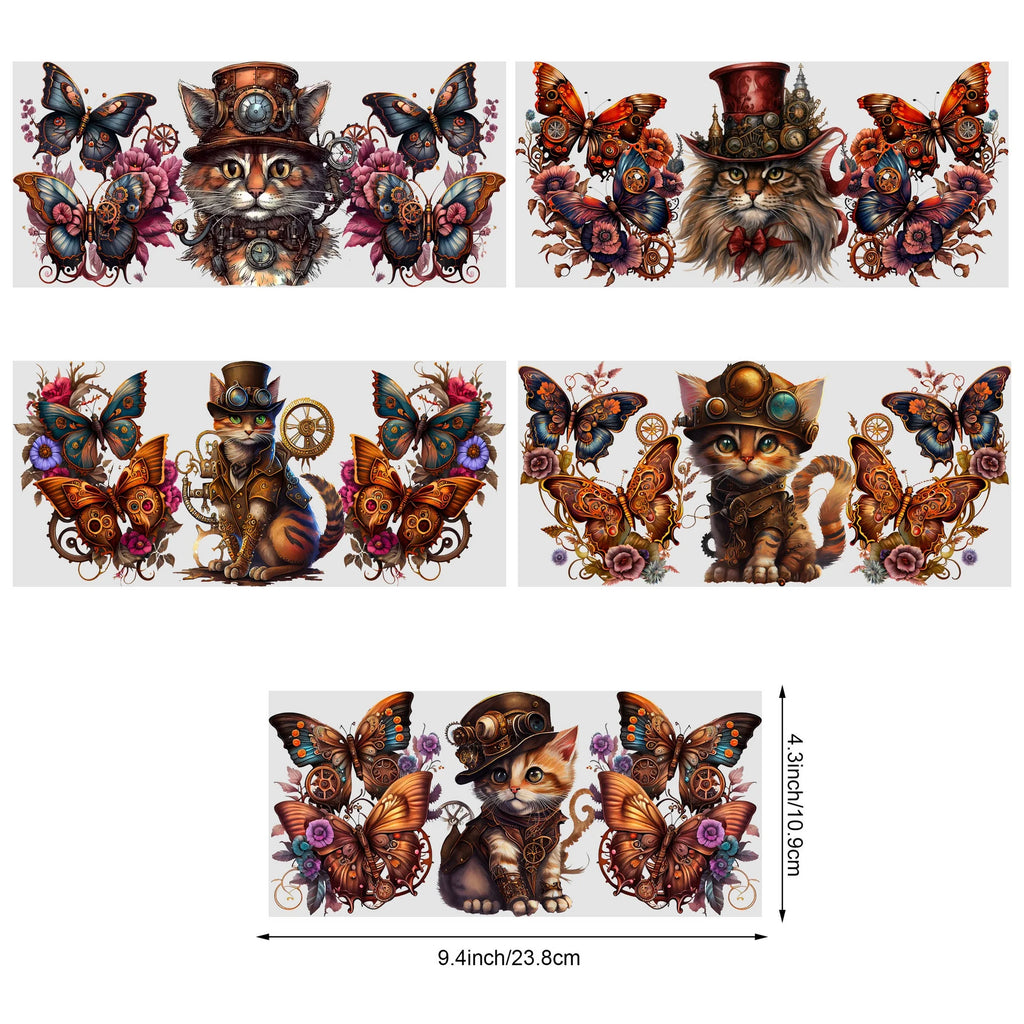 5 sheets Steampunk UV DTF Cup Stickers, DTF Friction Transfer Stickers, Waterproof Cartoon Transfer Stickers for 16oz Glass Cups