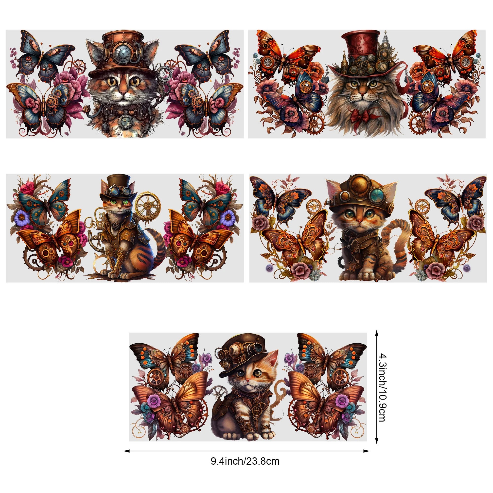5 sheets Steampunk UV DTF Cup Stickers, DTF Friction Transfer Stickers, Waterproof Cartoon Transfer Stickers for 16oz Glass Cups