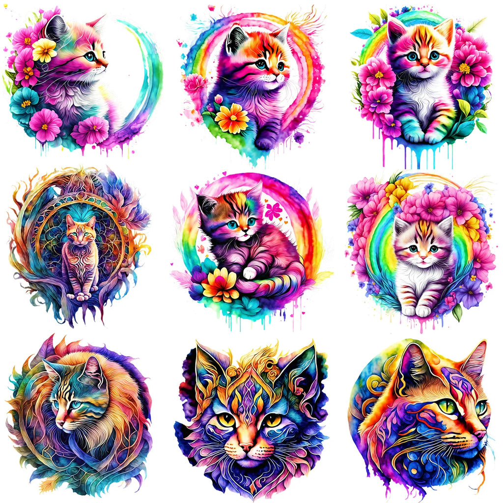 9 Pack Watercolor Cute Floral Cat Theme Pattern Iron-On Transfer Sticker Design Floral Cat Decal Heat Press Decal